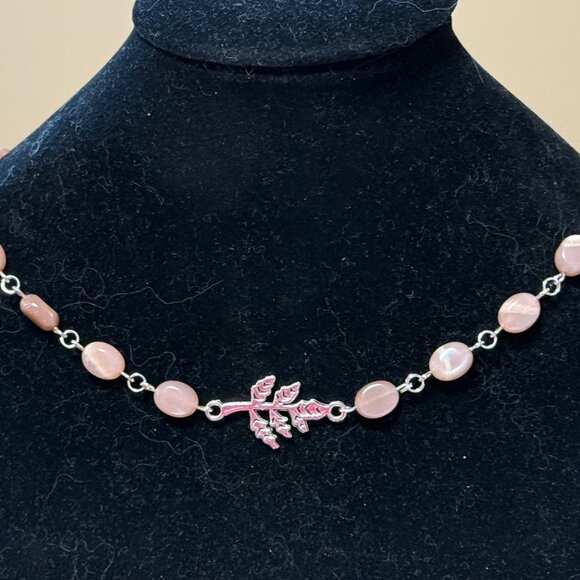 Peach Moonstone Adjustable Choker, Leaf Branch Pendant + Genuine Gemstone - Picture 3 of 16